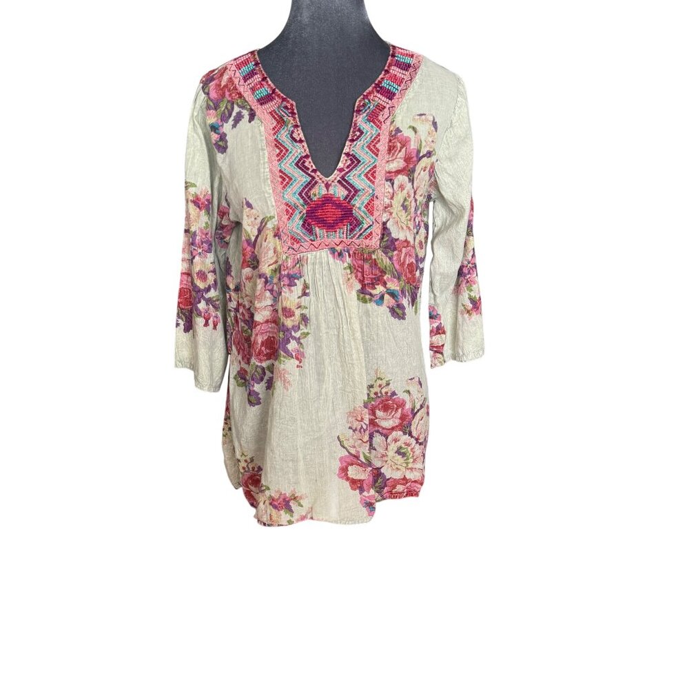 Vintage Goa Womens Medium Floral Cotton Top With Embroidered Neck